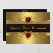 50. Jubiläum Party Schwarzes Gold Rotes Herz Einladung (Vorne/Hinten)