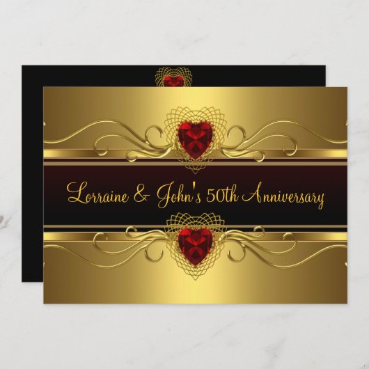 50. Jubiläum Party Schwarzes Gold Rotes Herz Einladung (Vorne/Hinten)