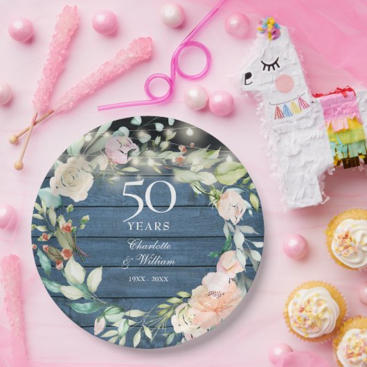 50. Jubiläum Rustikale Holzsaitenleuchten floral Pappteller (Party)