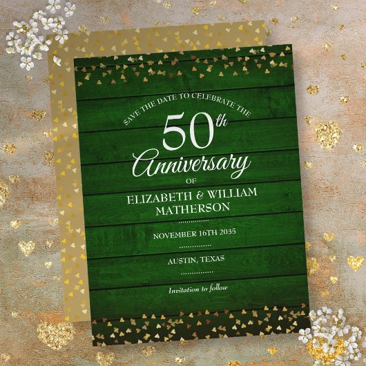 50. Jubiläum Rustikale Save the Date-Goldherzen Postkarte