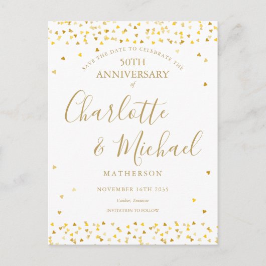 50. Jubiläum Save the Date Gold Hearts Script Ankündigungspostkarte (Vorderseite)