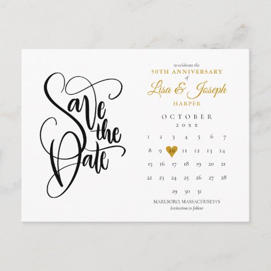 50. Jubiläum Save the Date Kalender Gold Foto Ankündigungspostkarte (Vorderseite)
