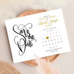 50. Jubiläum Save the Date Kalender Gold Herz Ankündigungspostkarte<br><div class="desc">Diese hübsche Jubiläumskarte aus dem 50. Jubiläum mit einem Kalender und einem hübschen Goldschmied-Liebe-Herzstück,  das Ihr besonderes Datum unterstreicht. Auf der Rückseite befinden sich Goldherz-Konfetti. Entwickelt von Thisisnotme©</div>