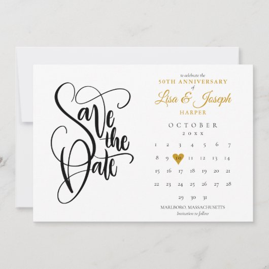 50. Jubiläum Save the Date Kalender Gold Herz Einladung (Vorderseite)