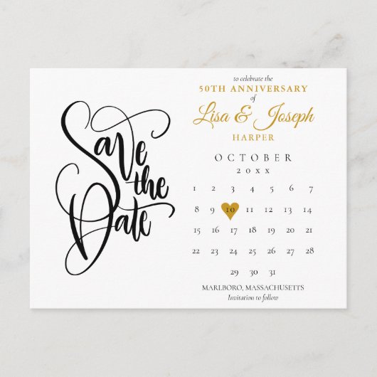 50. Jubiläum Save the Date Kalender Gold Herz Postkarte (Vorderseite)