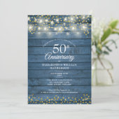 50. Jubiläum String Lights Wood Golden Hearts Einladung (Stehend Vorderseite)