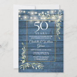 50. Jubiläums Grünpflanzen Lichterkette Blaue Holz Einladung