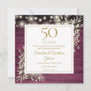 50. Jubiläums-Laub-Rustikal-Rot-Holzlichter Save The Date
