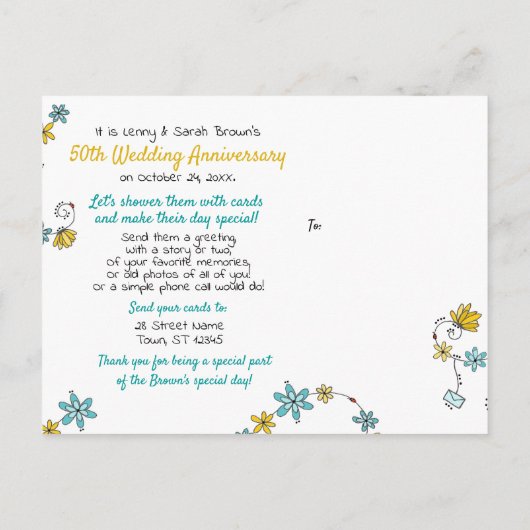 50. Jubiläumskarte Dusche Whimsical Anfrage Postkarte (Rückseite)