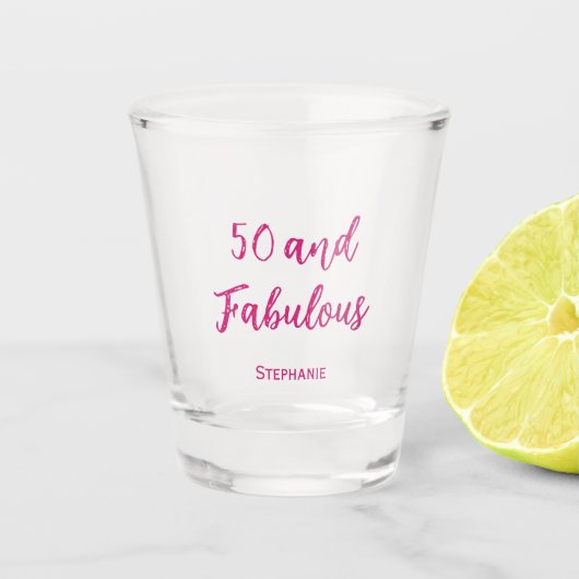 50-köpfige Geburtstagsparty, modernes rosafarbenes Schnapsglas (Vorderseite)