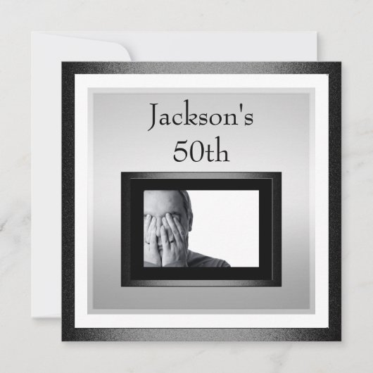50. Männliches Geburtstag Weißes Silberschwarzes F Einladung (Vorderseite)