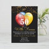 50 mit Finesse Confetti & Balloons Black Geburtsta Einladung (Stehend Vorderseite)
