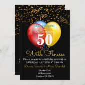 50 mit Finesse Confetti & Balloons Black Geburtsta Einladung (Vorne/Hinten)