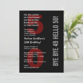 50. Modern Birthday Black Silver White Red Einladung (Stehend Vorderseite)