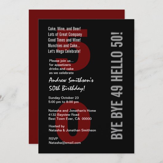 50. Modern Birthday Black Silver White Red Einladung (Vorne/Hinten)