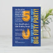 50. Modern Birthday Blue and Gold Grunge Einladung (Stehend Vorderseite)