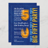 50. Modern Birthday Blue and Gold Grunge Einladung (Vorne/Hinten)