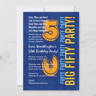 50. Modern Birthday Blue and Gold Grunge Einladung