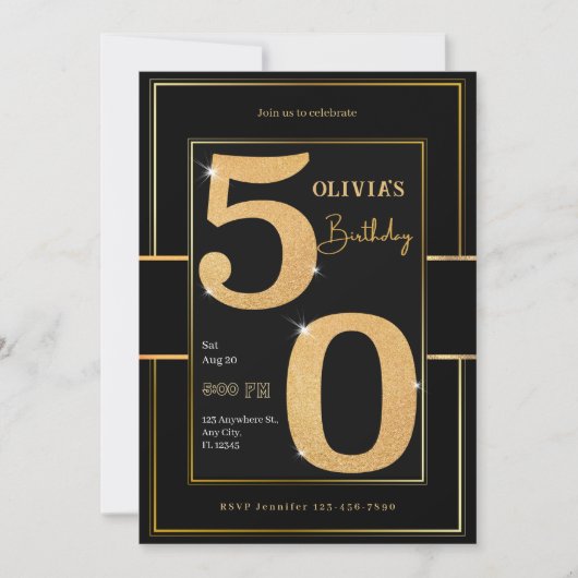 50. Modern Black Gold Typografie Glitzer Geburtsta Einladung (Vorderseite)