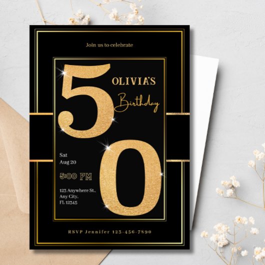 50. Modern Black Gold Typografie Glitzer Geburtsta Einladung