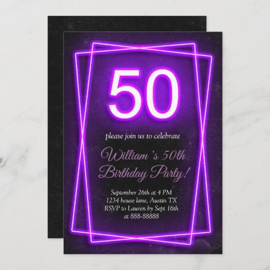 50. Neon Lights Retro Black Chic Fünfzig Geburtsta Einladung (Vorne/Hinten)