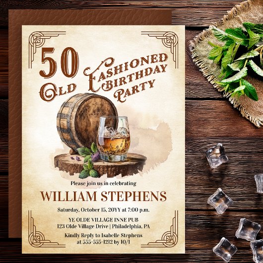 50. Old Fashioned Whiskeyfass-Geburtstagsfeier Einladung
