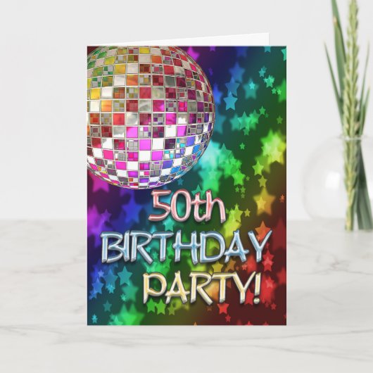 50. Party mit Diskoball und Regenbogen der Sterne Einladung (Vorderseite)