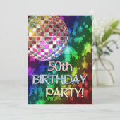50. Party mit Diskoball und Regenbogen der Sterne Einladung (Stehend Vorderseite)