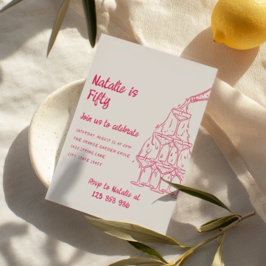 50. Pink Gezeichnet Champagner Tower Fünfzig Gebur Einladung