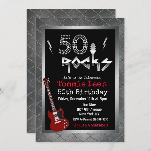 50 Rocks Rockstar Gitarre 50. Geburtstag Einladung (Vorne/Hinten)