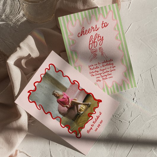 50. Rosa Gezeichnet Farbenfrohe Streifen Foto Gebu Einladung