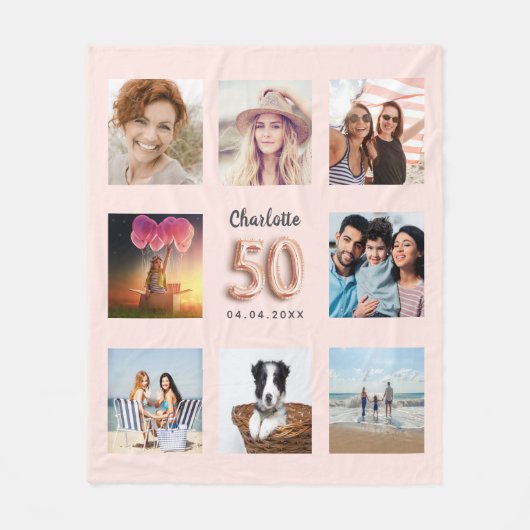 50. Rose Gold Rosa Foto Collage Name Fleecedecke (Vorderseite)