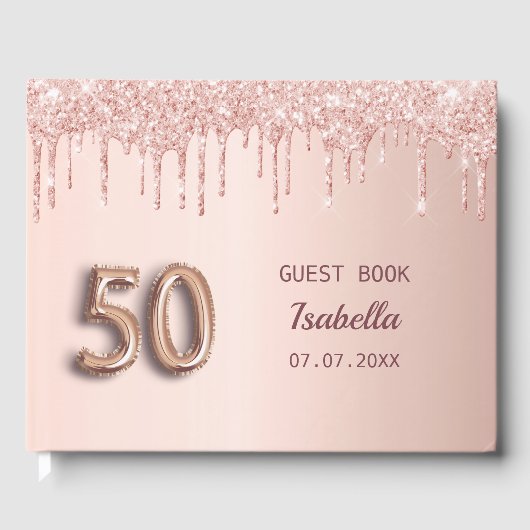 50. Rose Gold Rosa Tropfen Gästebuch (Vorderseite)
