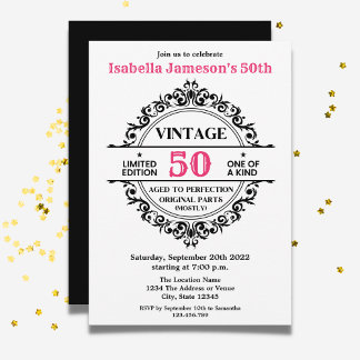 50. Schwarzer und Rosa Vintage Geburtstag Einladung