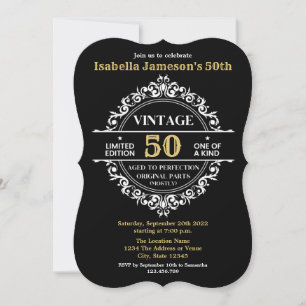 50. Schwarzer Weißer und Goldener Vintage Geburtst Einladung
