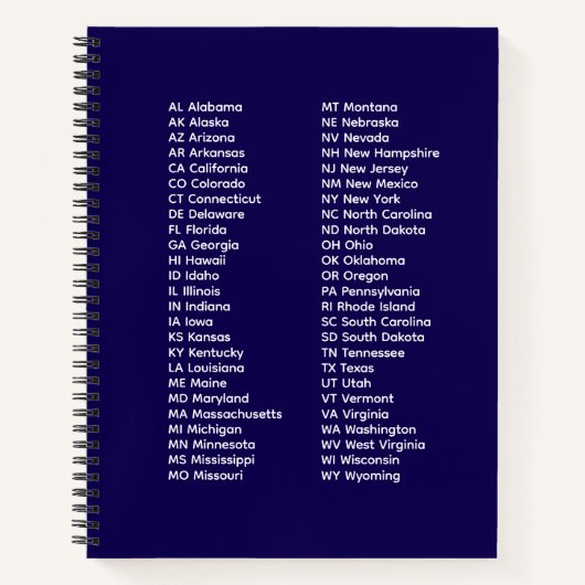 50 Staaten Abkürzungen – Blaues Spiralnotizbuch Notizblock (Vorderseite)