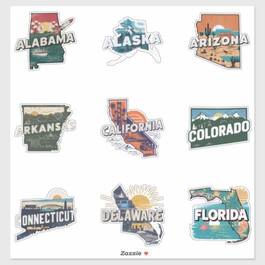 50 Staaten Retro Travel Sticker Set Teil 1 (Blatt)