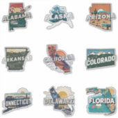 50 Staaten Retro Travel Sticker Set Teil 1 (Vorderseite)