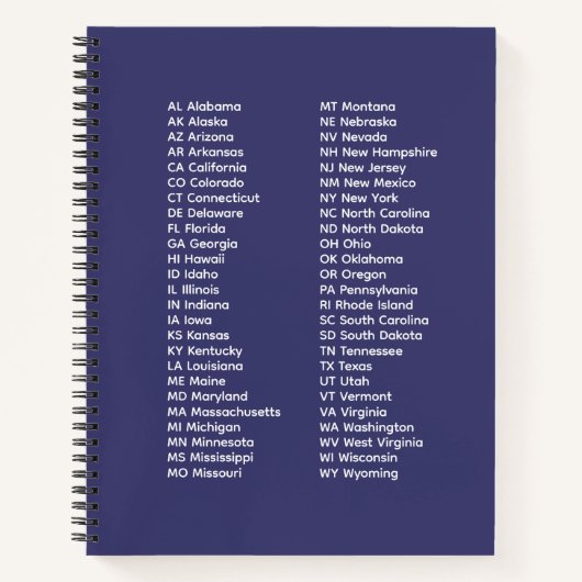 50 States Abbreviations List – Blue Spiral Noteboo Notizblock (Vorderseite)