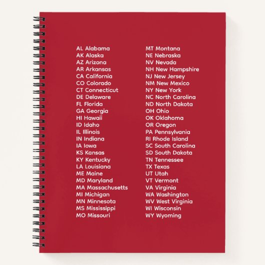 50 States Abbreviations – Red Spiral Notebook Notizblock (Vorderseite)