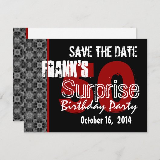 50. Überraschendes Party Silver Black und Red Einladungspostkarte (Vorne/Hinten)