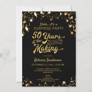 50. Überraschung Geburtstag | Black & Gold Stars Einladung
