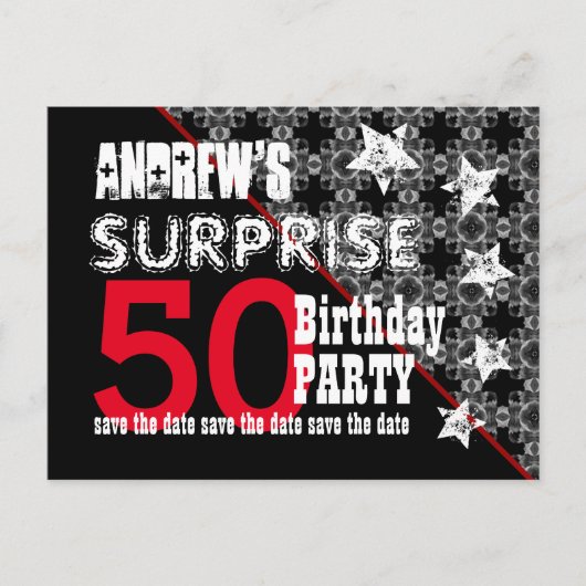 50. Überraschung Geburtstag Save the Date Diagonal Ankündigungspostkarte (Vorderseite)