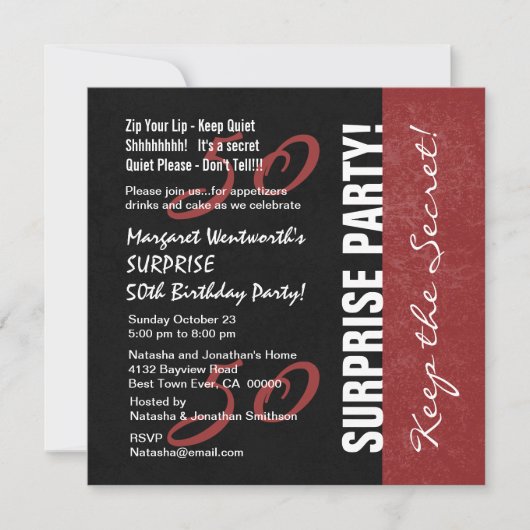 50. ÜBERRASCHUNG Geburtstag Schwarz und Rot Grunge Einladung (Vorderseite)