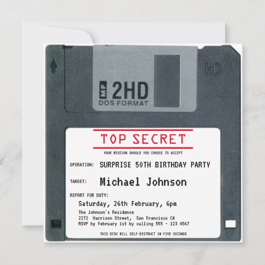 50. Überraschung Geburtstag Top Secret Retro 80er Einladung (Vorderseite)