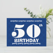 50. ÜBERRASCHUNG Modernes Blau und Weiß Geburtstag Einladung (Stehend Vorderseite)