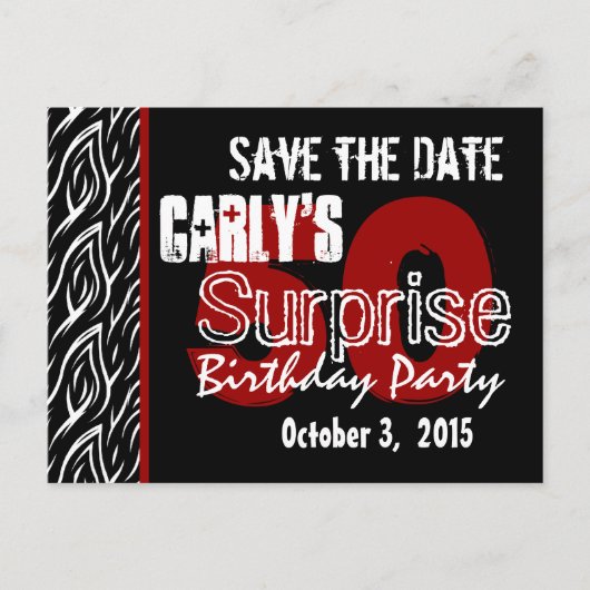50. Überraschung Save the Date Modernes Schwarz-we Ankündigungspostkarte (Vorderseite)