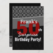 50. Überraschungs-Party-Silber-Schwarzes und Rot Einladung (Vorne/Hinten)