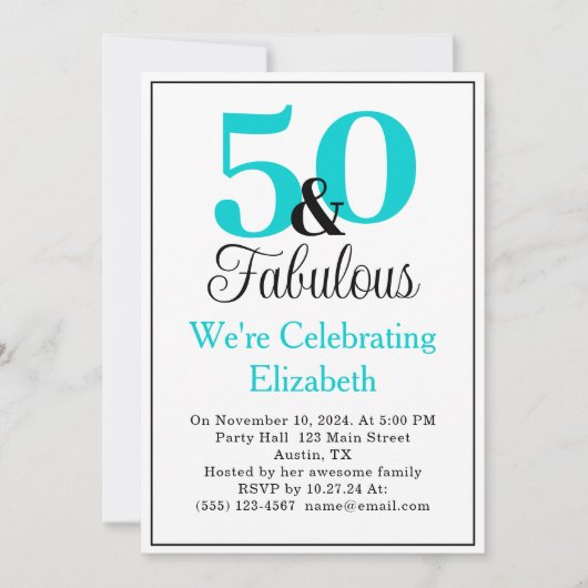50 und das türkisfarbene Blau in Weiß Einladung (Vorderseite)