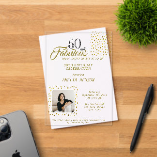 50 und Fabelhaft Gold Glitter Foto 50. Geburtstag Acryleinladungen
